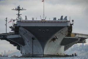 Aircraft carrier from the water in front