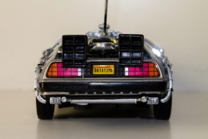 Rear view of model of Back to the Future De Loren car