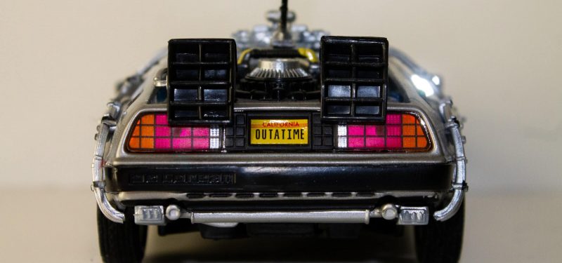 Rear view of model of Back to the Future De Loren car