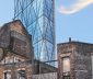 View of London with  old, derelict buildings in foreground and tall, modern, shiny skyscraper behind.